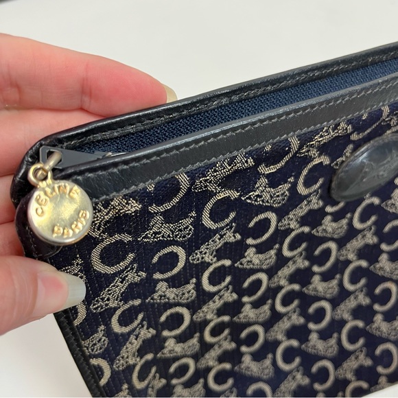 CELINE Clutch Bag C Macadam Blue Logo Carriage Cloth Nylon Leather Purse
